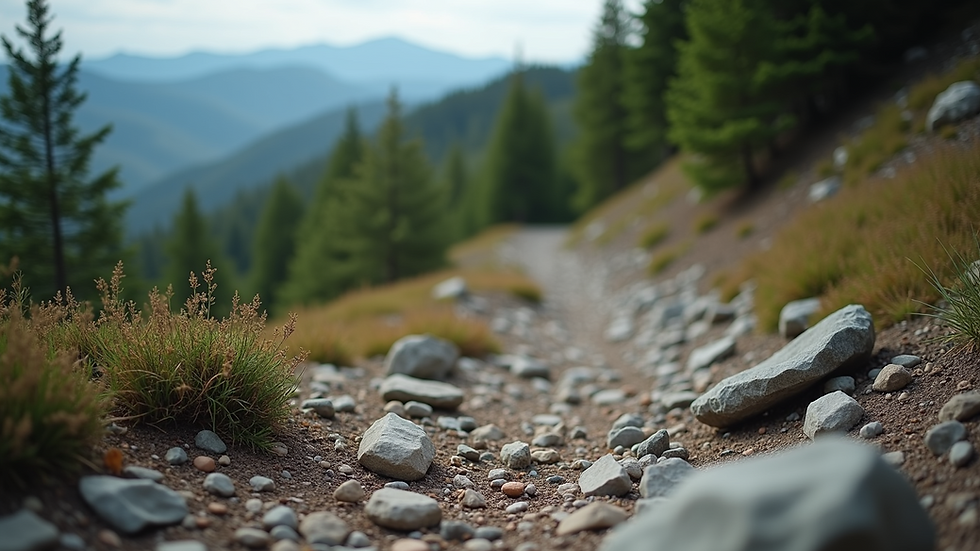 Close-up view of rocky terrain on Black Mountain trail with green trees in the background