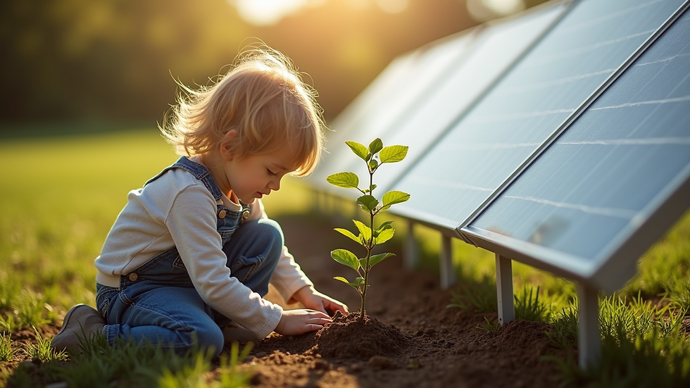 Close-up view of a child planting a tree next to a solar panel