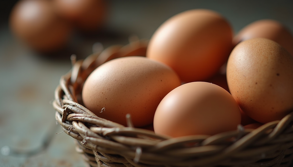 Close-up view of fresh farm eggs in a rustic basket