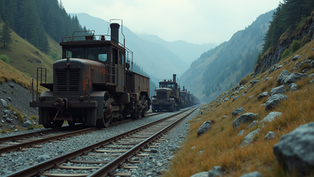Eye-level view of old coal mining equipment in a mountain valley