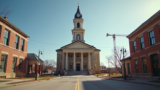 Eye-level view of historic courthouse square in Harlan with construction work