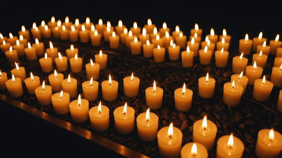 High angle view of a candlelight vigil with small flames illuminating the night