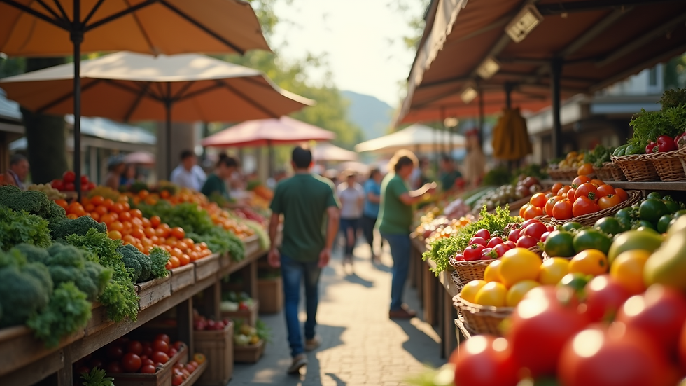 Eye-level view of a bustling farmers market with fresh produce stalls