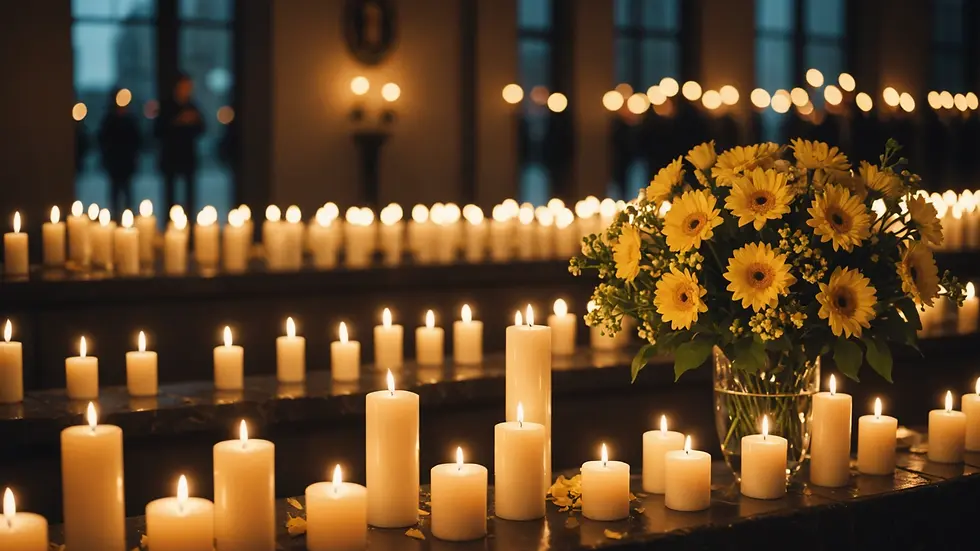Eye-level view of a memorial with candles and flowers