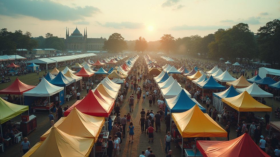 High angle view of a bustling outdoor festival with colorful tents