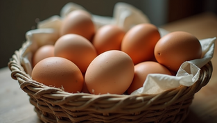 Close-up view of fresh farm eggs in a rustic basket