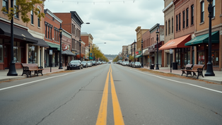 Eye-level view of a freshly paved street in downtown Harlan with new benches and street lamps
