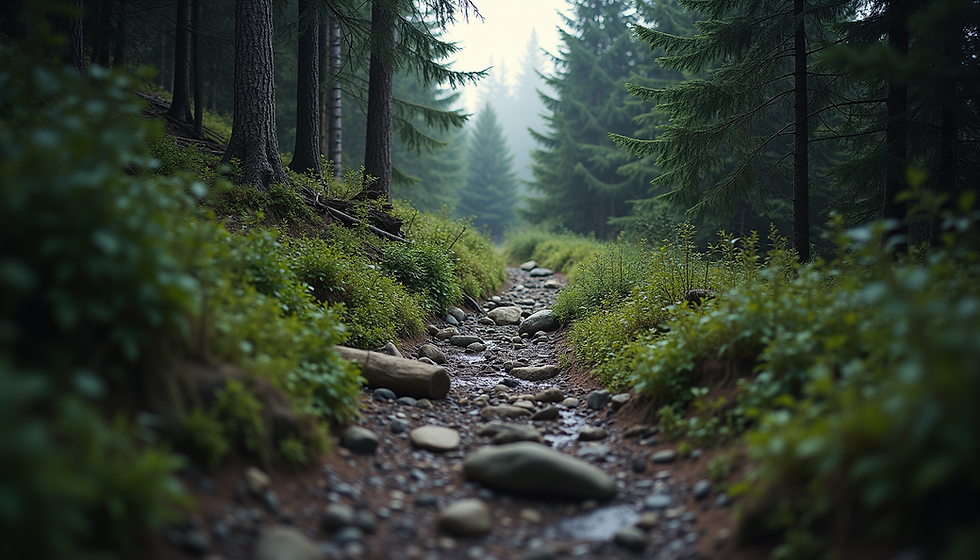 Misty forest path with rocks and green foliage leading into dense trees, creating a serene, tranquil mood. Slightly foggy ambiance.