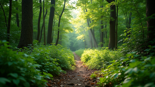 Wide angle view of lush green forest trail in Harlan
