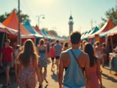 Eye-level view of a bustling local festival with colorful tents and people enjoying music