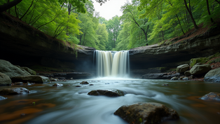 Eye-level view of Cumberland Falls waterfall surrounded by forest