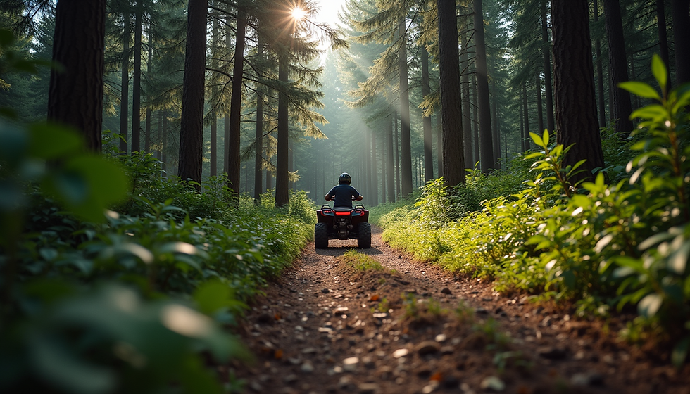 Person riding an ATV through a sunlit forest path lined with tall trees and green foliage. Sun rays create a peaceful, adventurous mood.