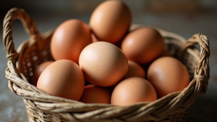 Close-up view of fresh farm eggs in a rustic basket