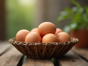 eggs in a basket  setting on a wooden table
