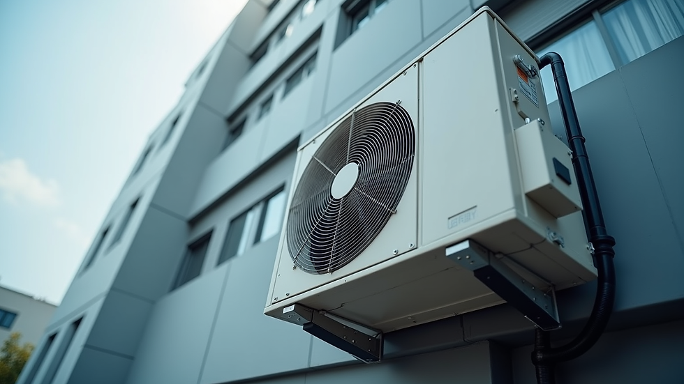 Close-up view of a modern air conditioning unit on a commercial building