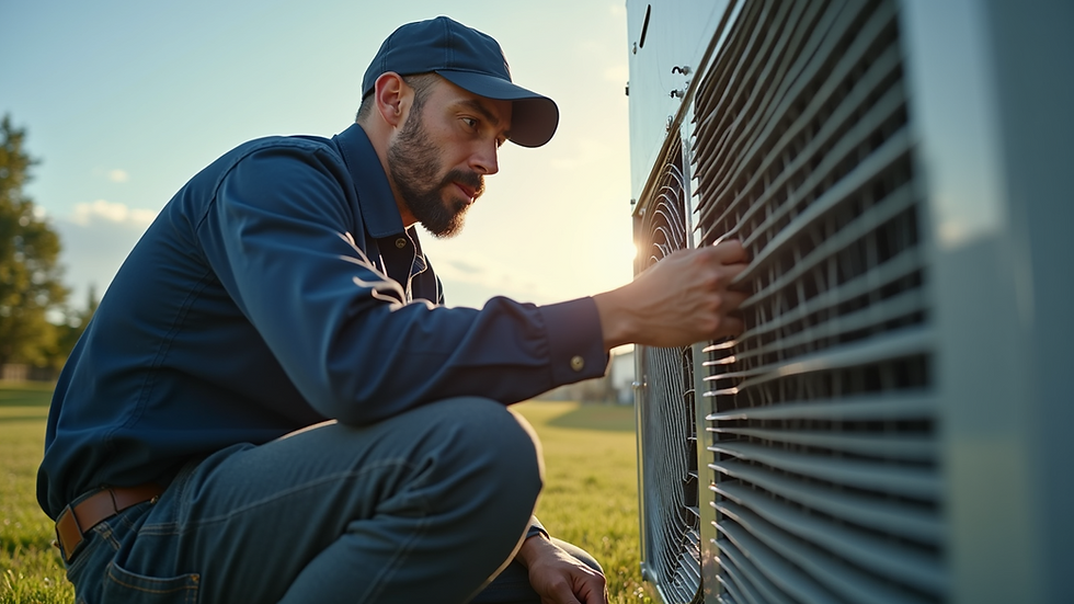 Eye-level view of a technician repairing an evaporative cooler unit outdoors