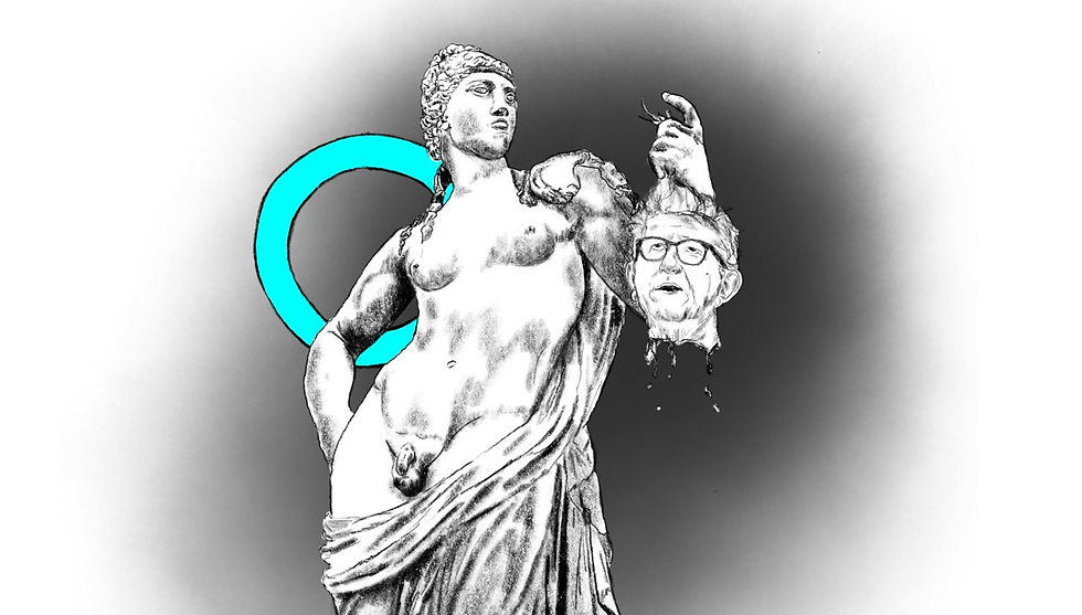 Illustration der griechischen Gottheit Hermaphroditos, die den abgetrennten Kopf von Kulturstaatsminister weimer hoch hält, dahinter das Inter* Symbol