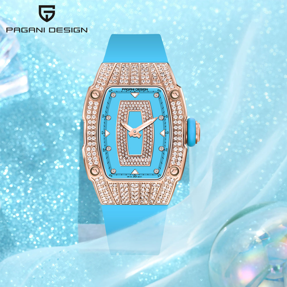 Reloj Mujer Pagani Design Lujo Diamantes Correa Goma Impermeable