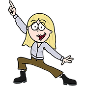 The image is a cartoon version of me, drawn in the style of Lizzie McGuire. The cartoon me is standing in a disco dance position. She wears a gray sweater, khaki pants and black boots.
