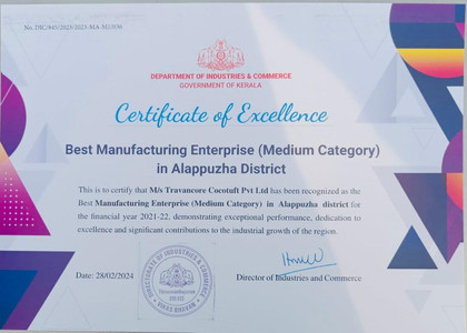 Best Manufacturing Enterprise award Certificate