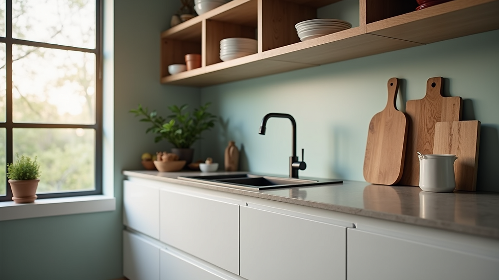 Close-up view of a stylish kitchen corner with open shelving and modern appliances