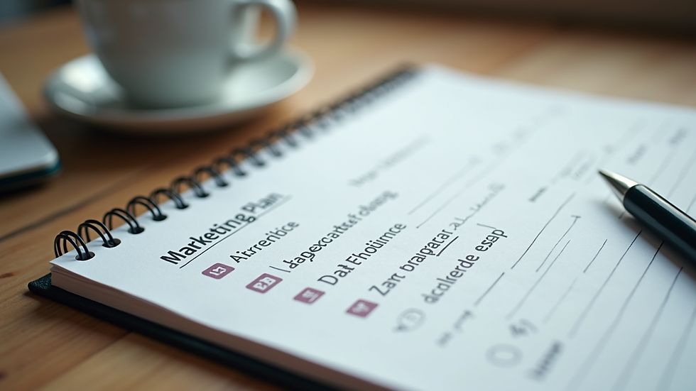 close-up view of a notebook with marketing plan and AI-generated content notes