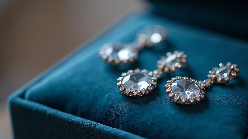 Eye-level view of Swarovski crystal earrings displayed on a velvet cushion