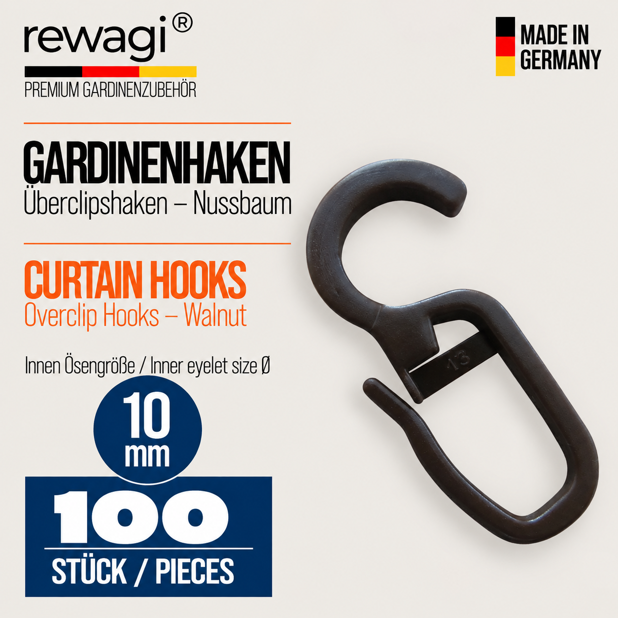 rewagi® Gardinenhaken Überklipshaken Nussbaum – 10 mm Öse, 100 Stück, Made in Germany