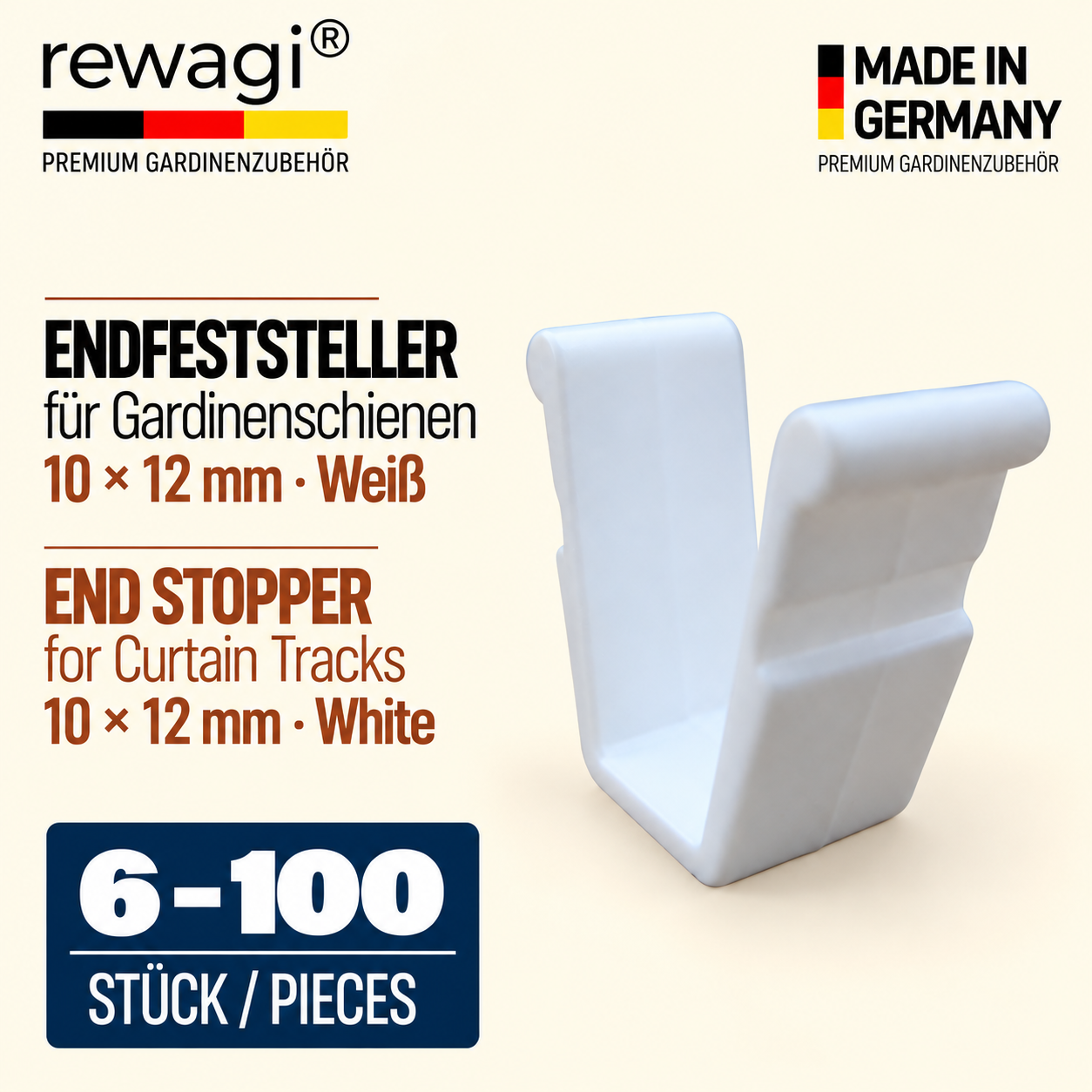 rewagi® Endfeststeller für Gardinenschienen 10 × 12 mm – weißer Kunststoff – Made in Germany