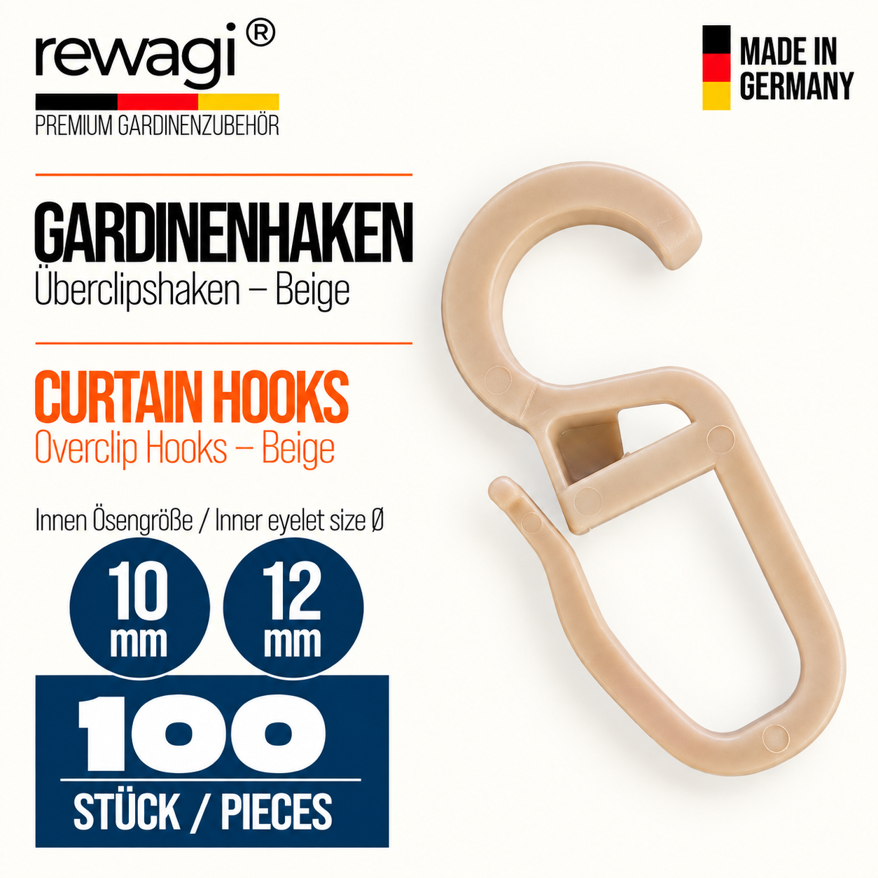 rewagi® Gardinenhaken Überklipshaken Beige – 10 mm und 12 mm Öse, 100 Stück