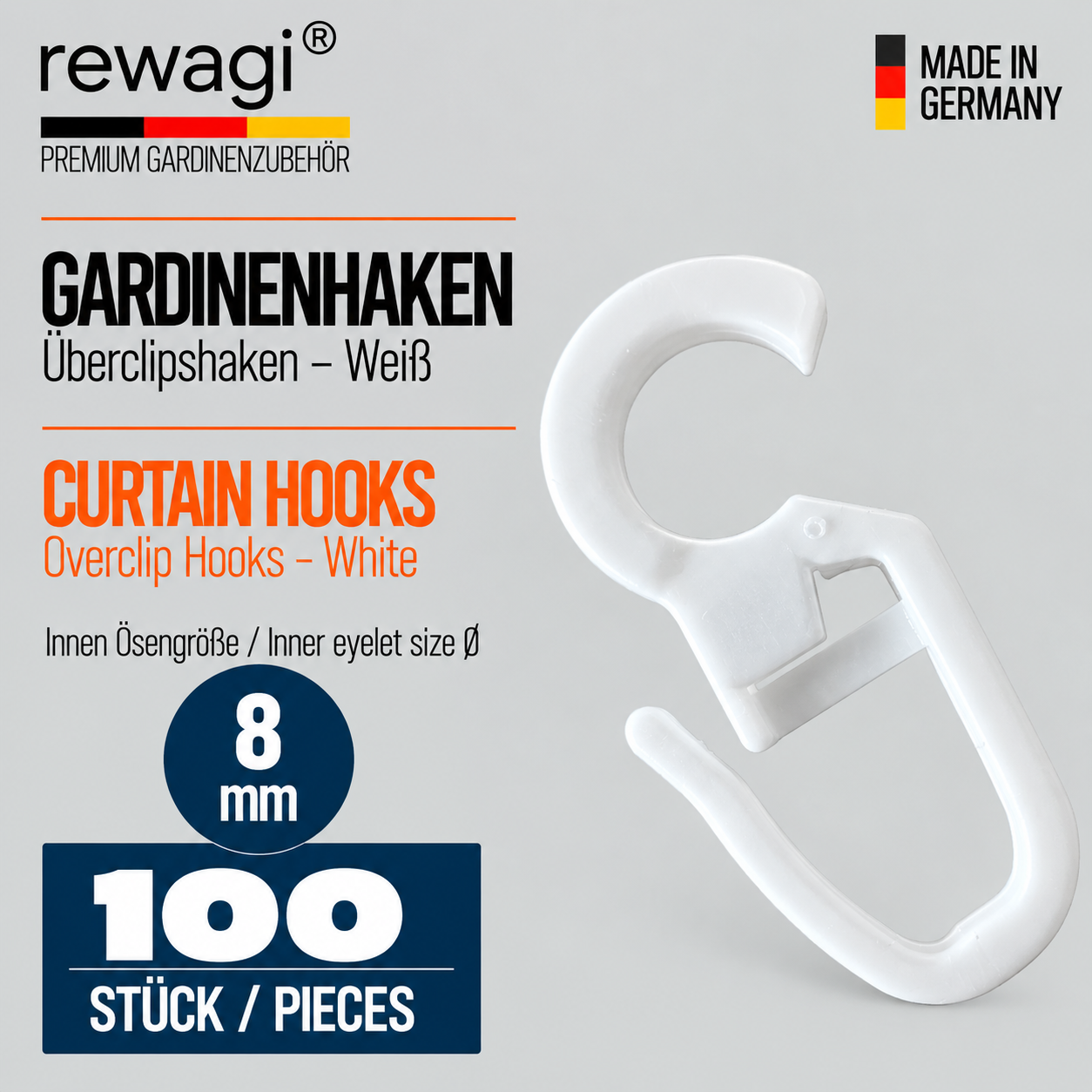 rewagi® Gardinenhaken Überklipshaken Weiß – 8 mm Öse, 100 Stück, Made in Germany