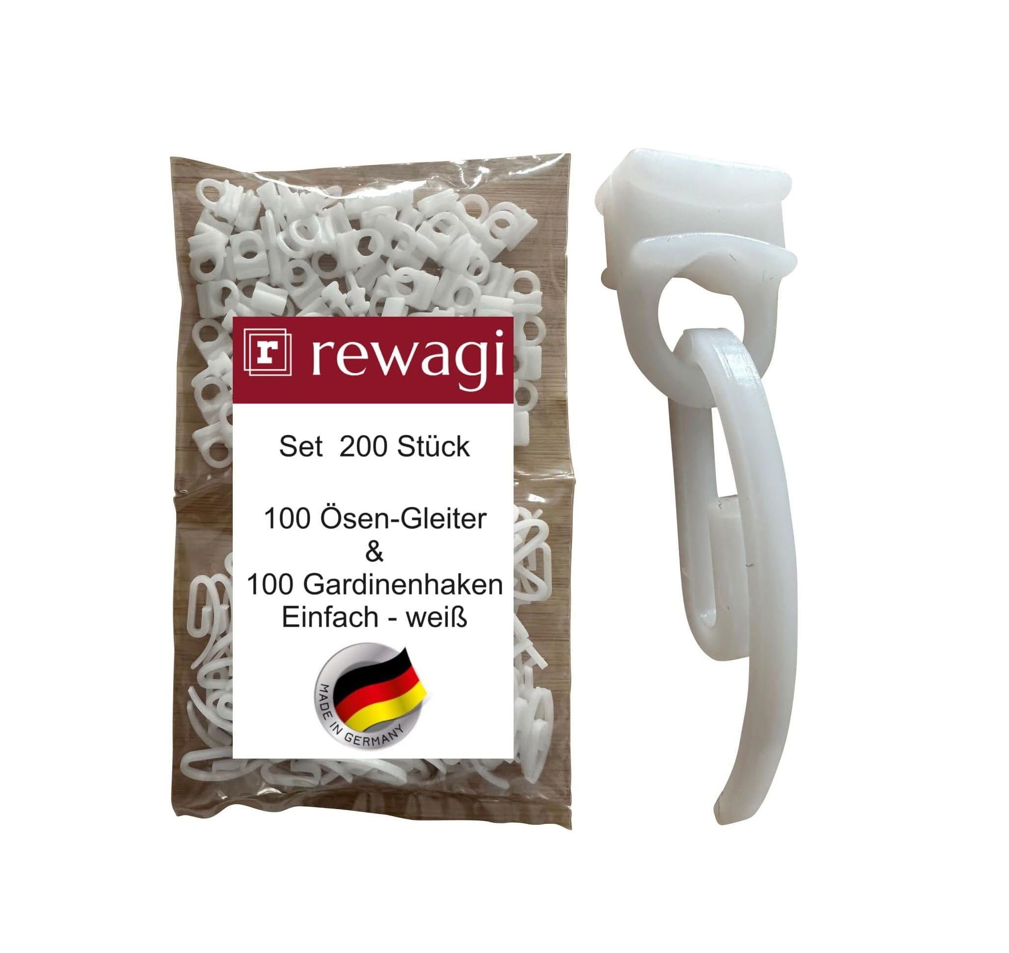 rewagi® Einfacher Gardinenhaken – 28 mm Länge, Weiß, Kunststoff.