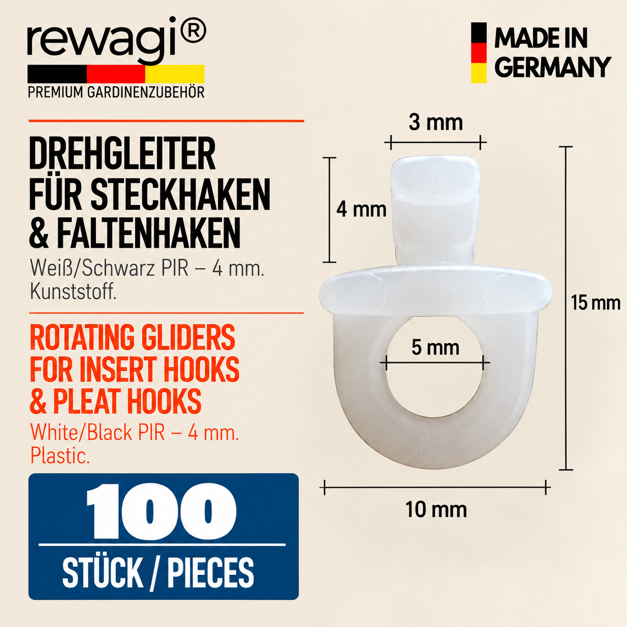 rewagi® Drehgleiter für Steckhaken und Faltenhaken, Weiß, 4 mm, 100 Stück.
