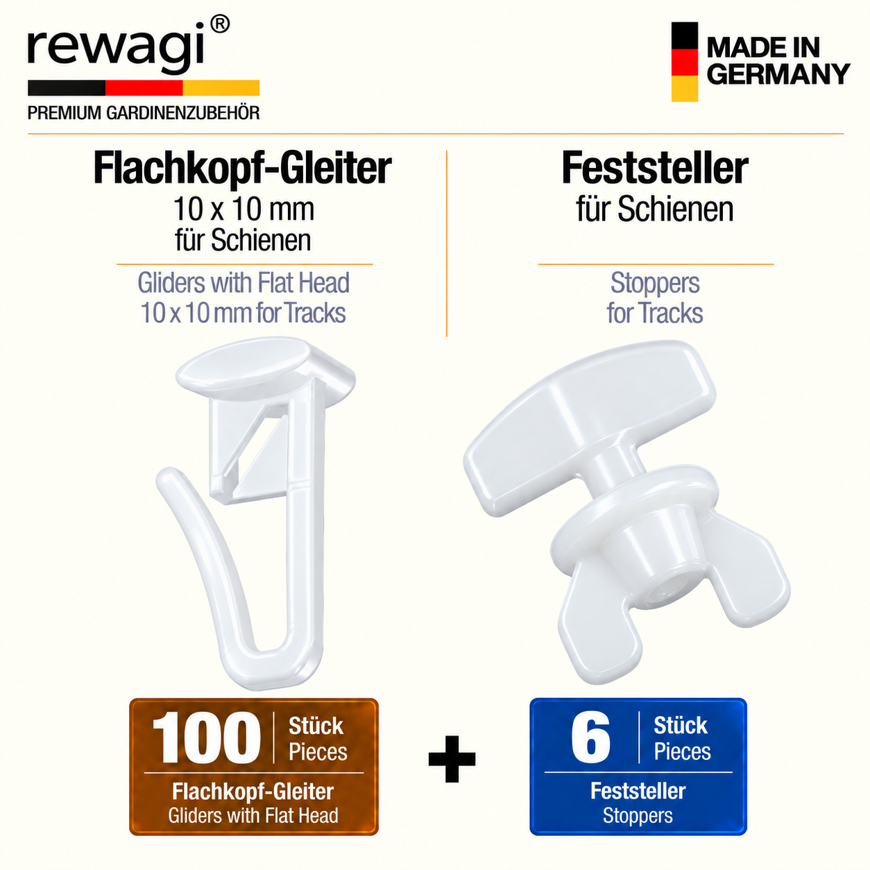 rewagi® Flachkopf-Gleiter 10 × 10 mm mit 6 Feststellern, 100 Stück, weiß.