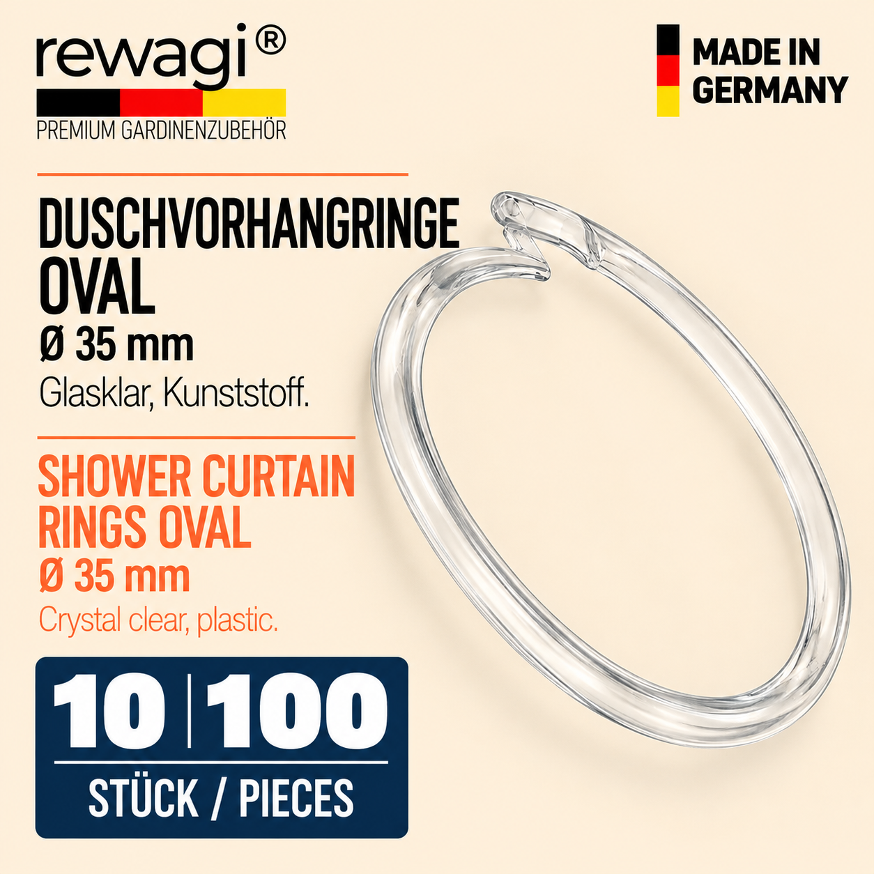 rewagi® Duschvorhangringe oval Ø 35 mm, glasklarer Kunststoff, 10 oder 100 Stück.