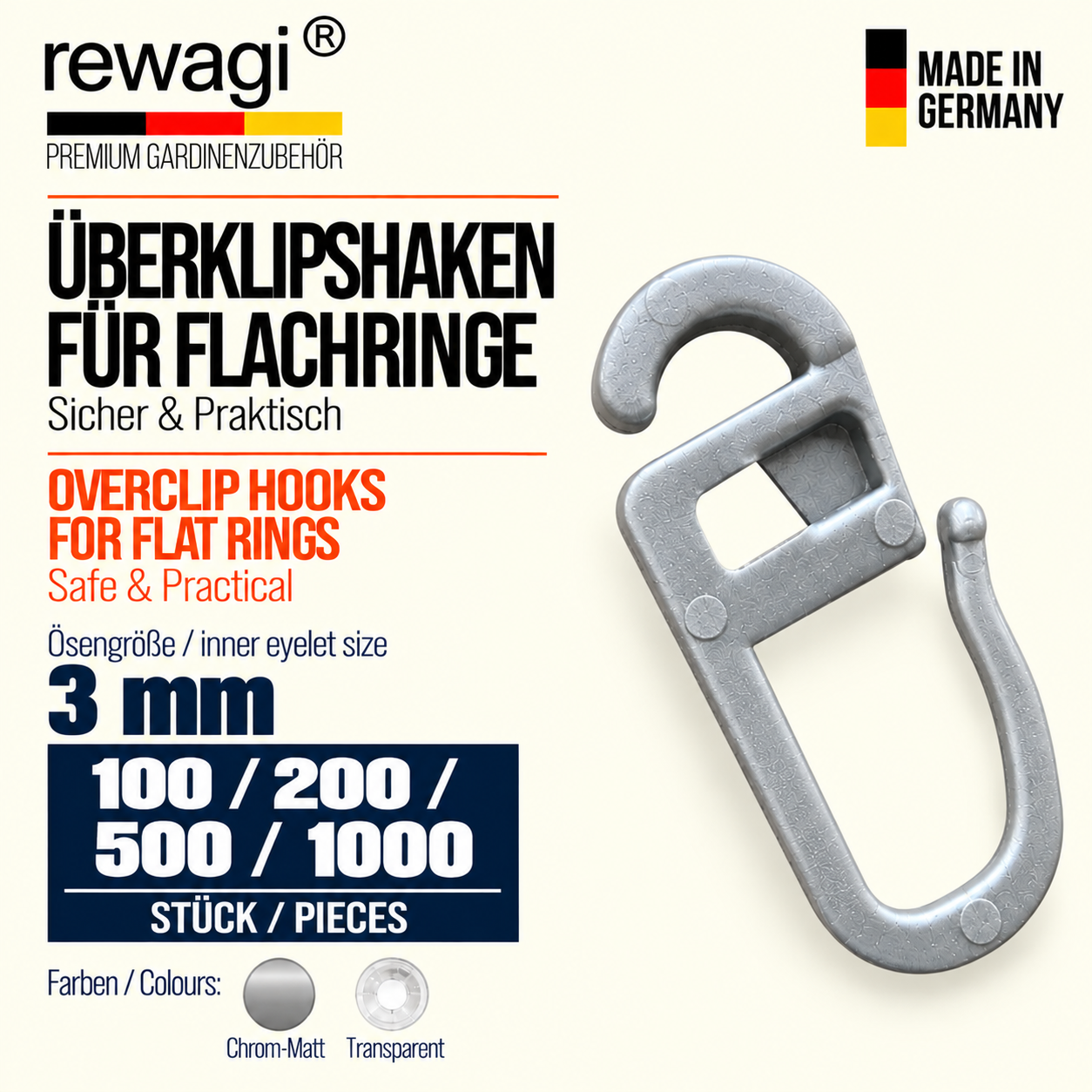 rewagi® Überklipshaken für Flachringe – 3 mm Öse, Chrom-Matt oder Transparent, 100 bis 1000 Stück