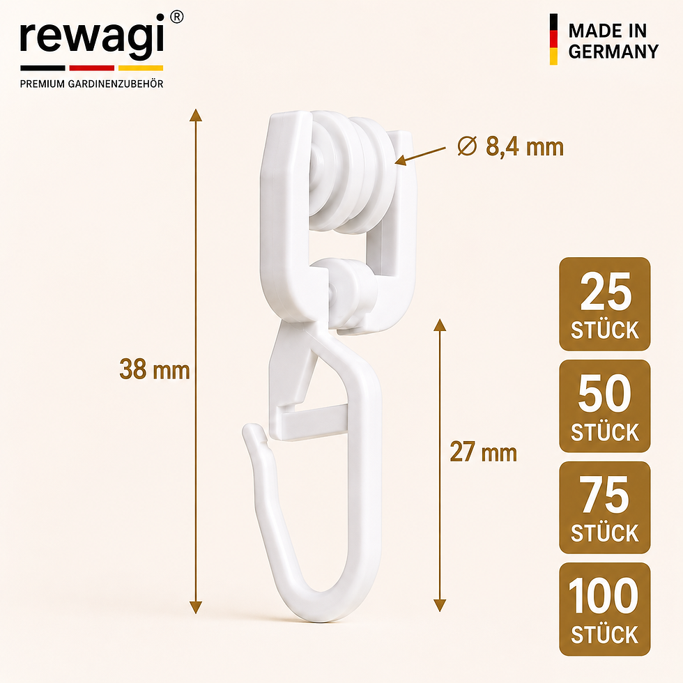 rewagi T-Laufrolle mit Faltenhaken 38 mm Weiß für T-Gardinenschienen Made in Germany