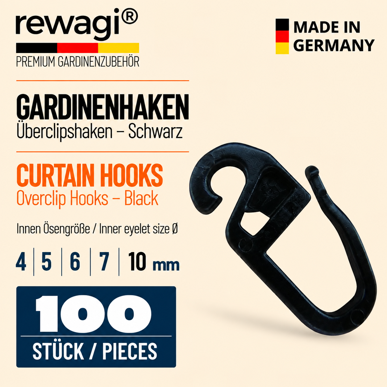 Gardinenhaken Überklipshaken Schwarz – Ösengrößen 4, 5, 6, 7 und 10 mm, 100 Stück, Made in Germany