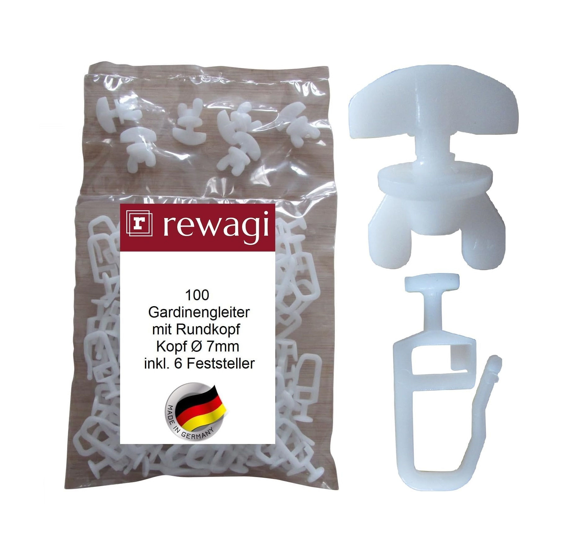 Produktansicht: "rewagi® 100 Rundkopf-Gleiter Ø 7 mm inkl. 6 Feststeller – Weiß, Kunststoff, für 4 mm Schienen.