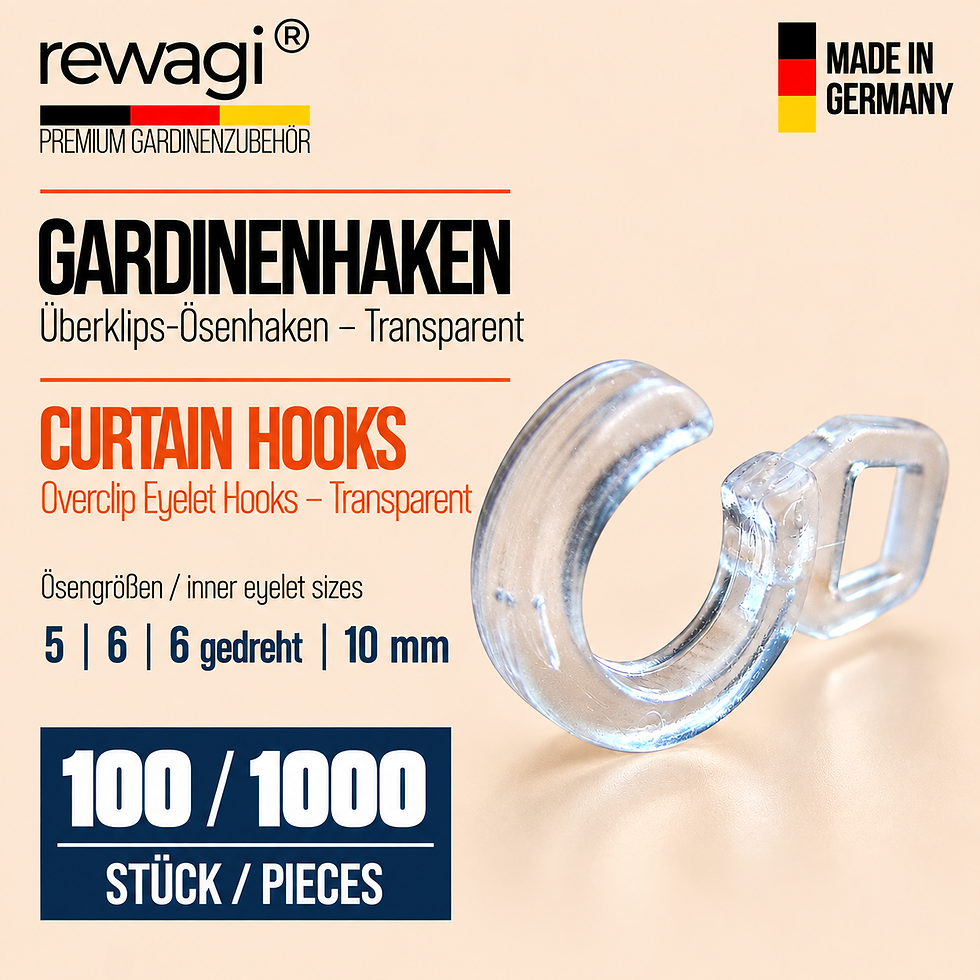 rewagi® Überklips-Ösenhaken transparent für Gardinen – 5 mm, 6 mm, 6 mm gedreht und 10 mm, 100 oder 1000 Stück