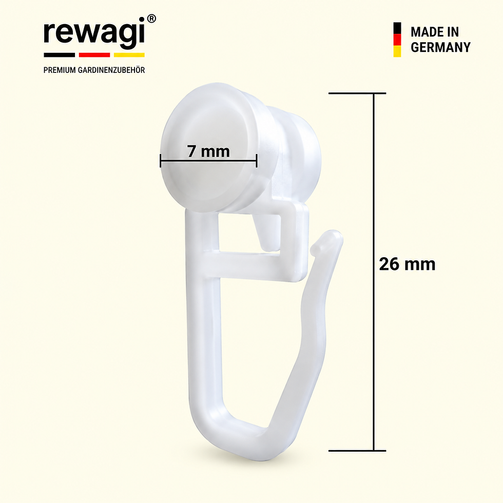Weißer rewagi Gardinengleiter mit Rolle Ø 7 mm und 26 mm Gesamthöhe für 4 mm Gardinenschienen