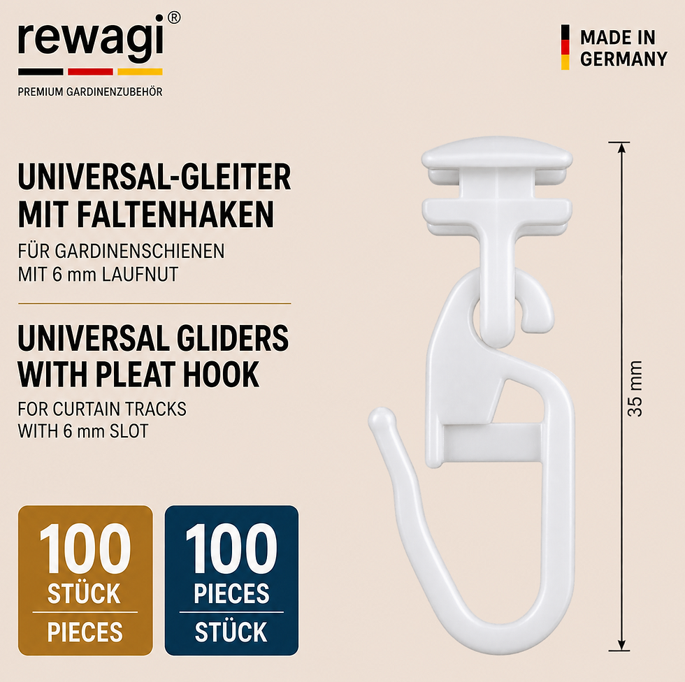 rewagi Universal-Gleiter mit Faltenhaken 200er Set für Gardinenschienen mit 6 mm Laufnut