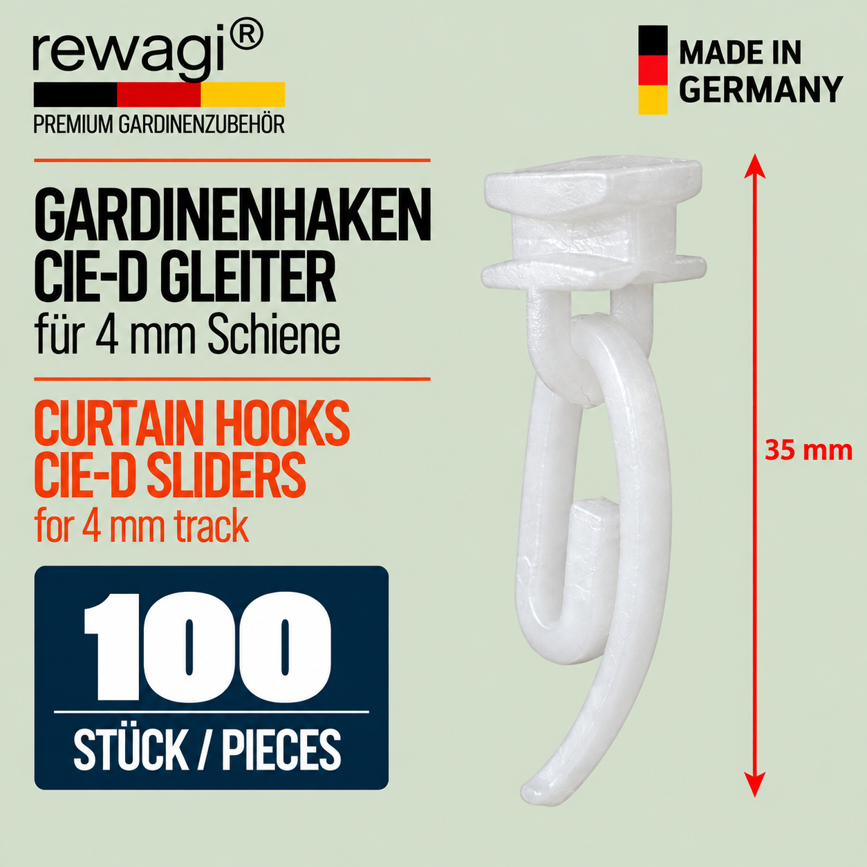 rewagi® Gardinenhaken mit CIE-D Gleiter, 35 mm, aus weißem Kunststoff für Gardinenschienen mit 4 mm Laufnut, 100 Stück