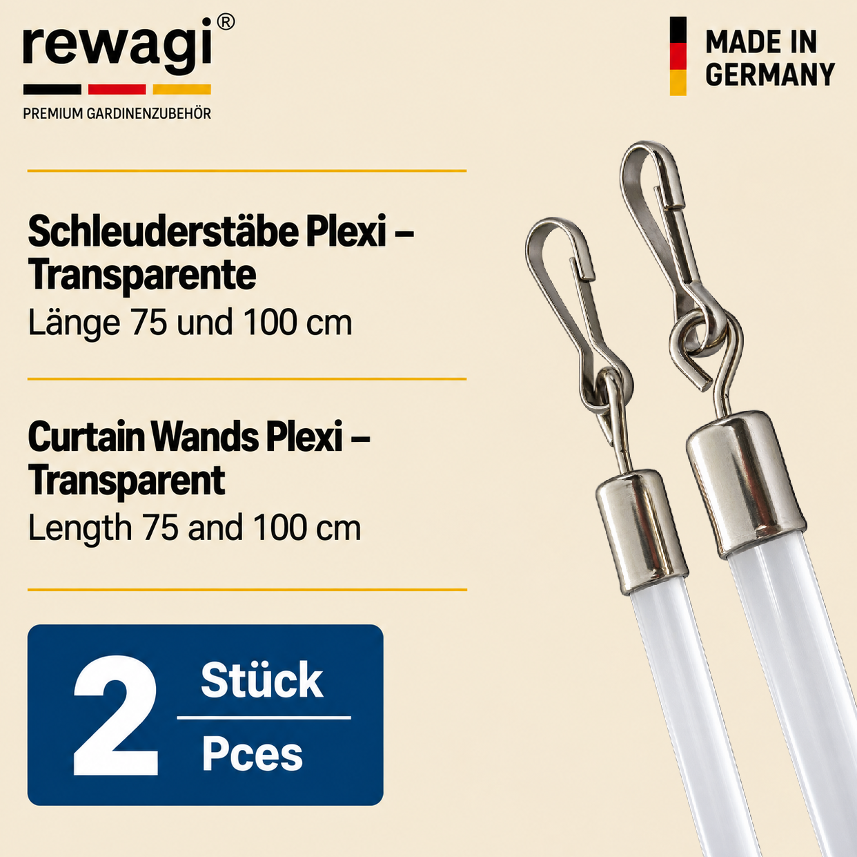 rewagi Schleuderstab Plexi transparent für Gardinen und Vorhänge 75 cm oder 100 cm