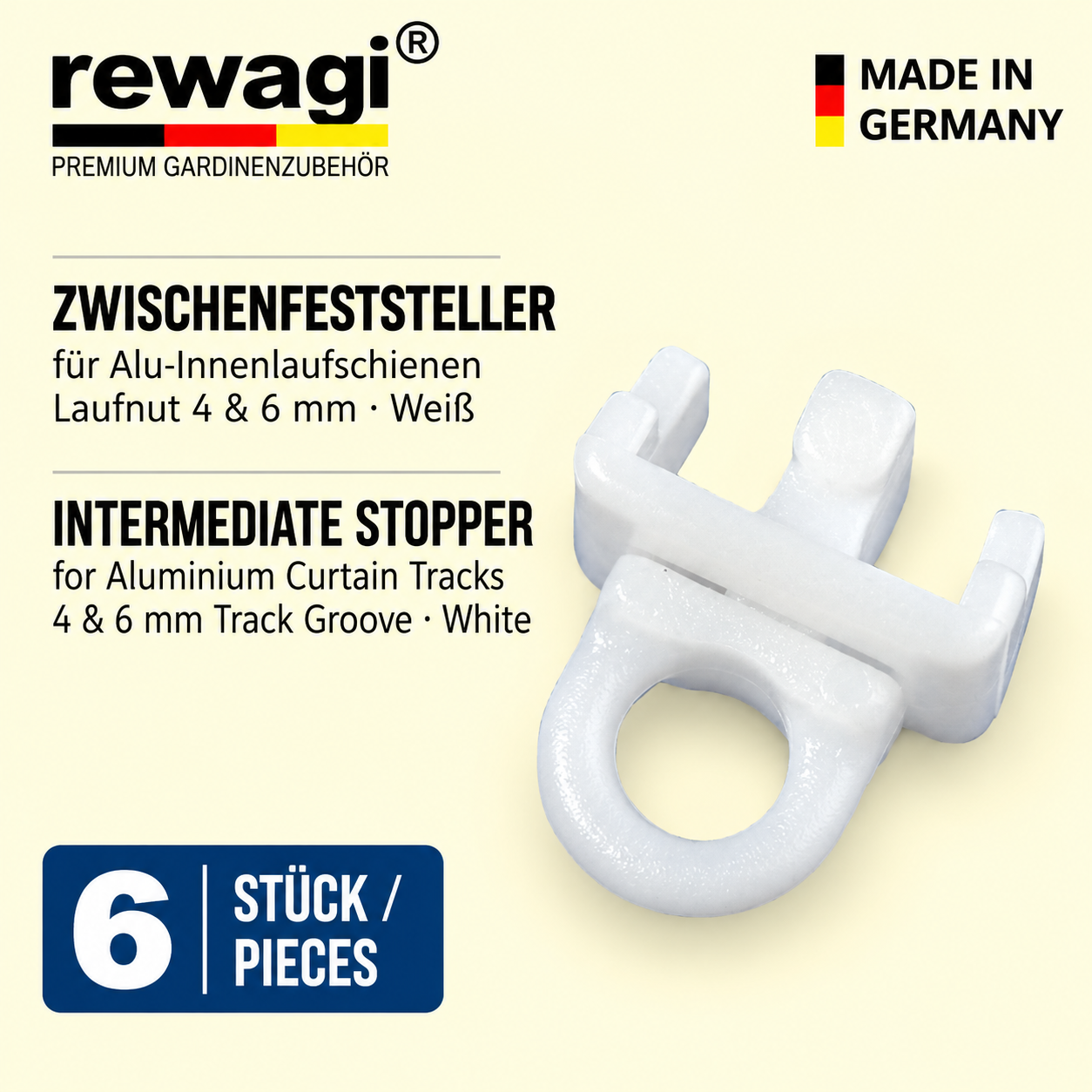 rewagi® Zwischenfeststeller Weiß für Alu-Innenlaufschienen mit 4 und 6 mm Laufnut, 6 Stück, Made in Germany