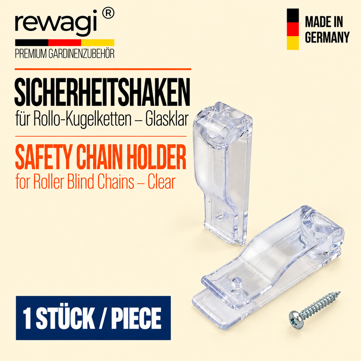 rewagi® Sicherheitshaken für Rollo-Kugelketten glasklar aus Kunststoff mit Befestigungsschraube – 1 Stück