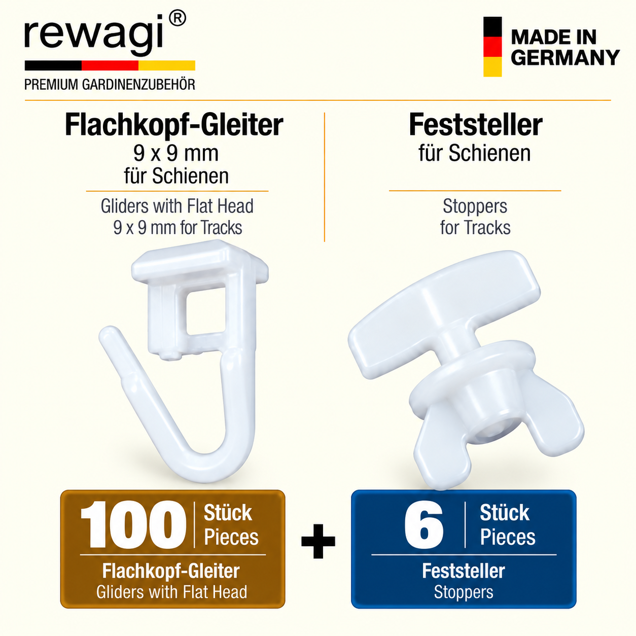 rewagi® Flachkopf-Gleiter 9 × 9 mm mit Faltenleghaken, 100 Stück inklusive 6 Feststeller, weiß, Made in Germany.