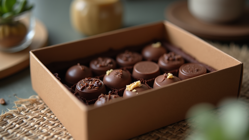 Eye-level view of a chocolate box with functional ingredients