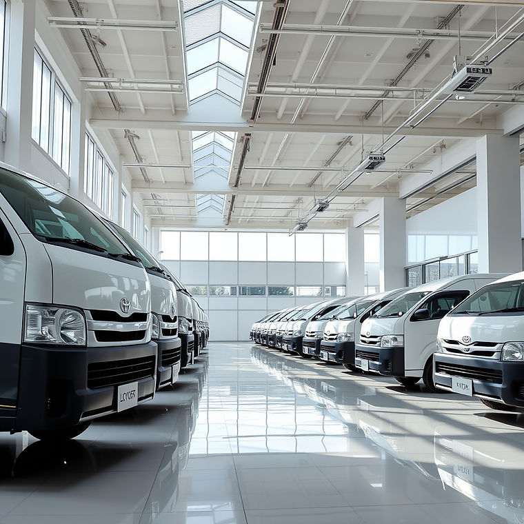 create a bright commercial vehicle showroom space that parks many units of Toyota Hiace ne