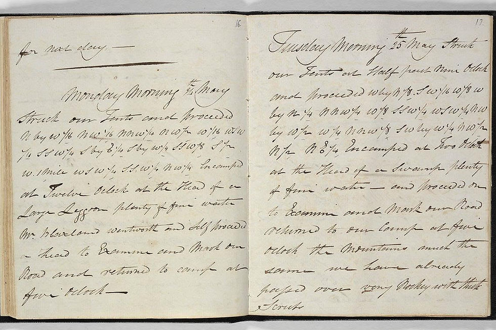 Open pages from William Lawson's 1813 Blue Mountains expedition journal
